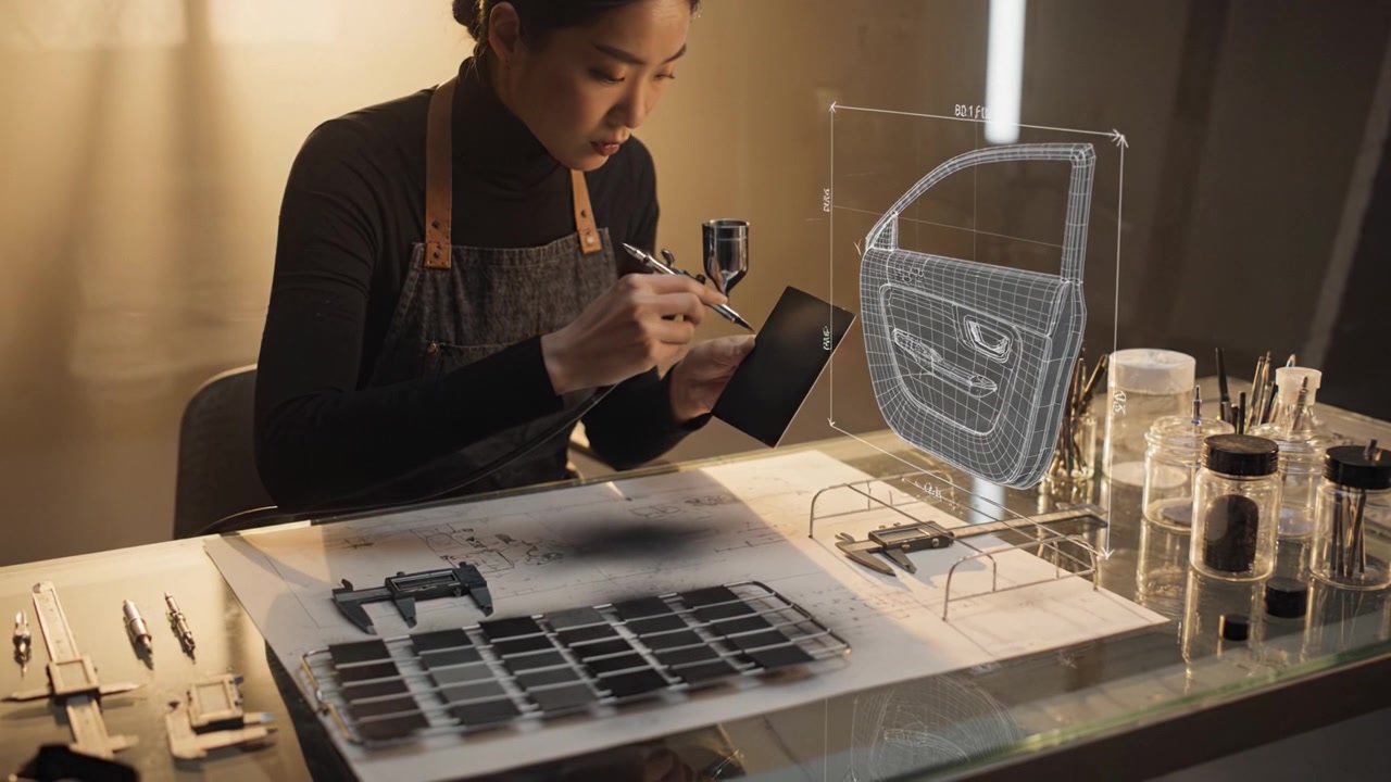 Engaged Artist Working Diligently on Design Project with Tools Arranged Neatly on Glass Table, Focused on Creating Detailed Illustrations and Models