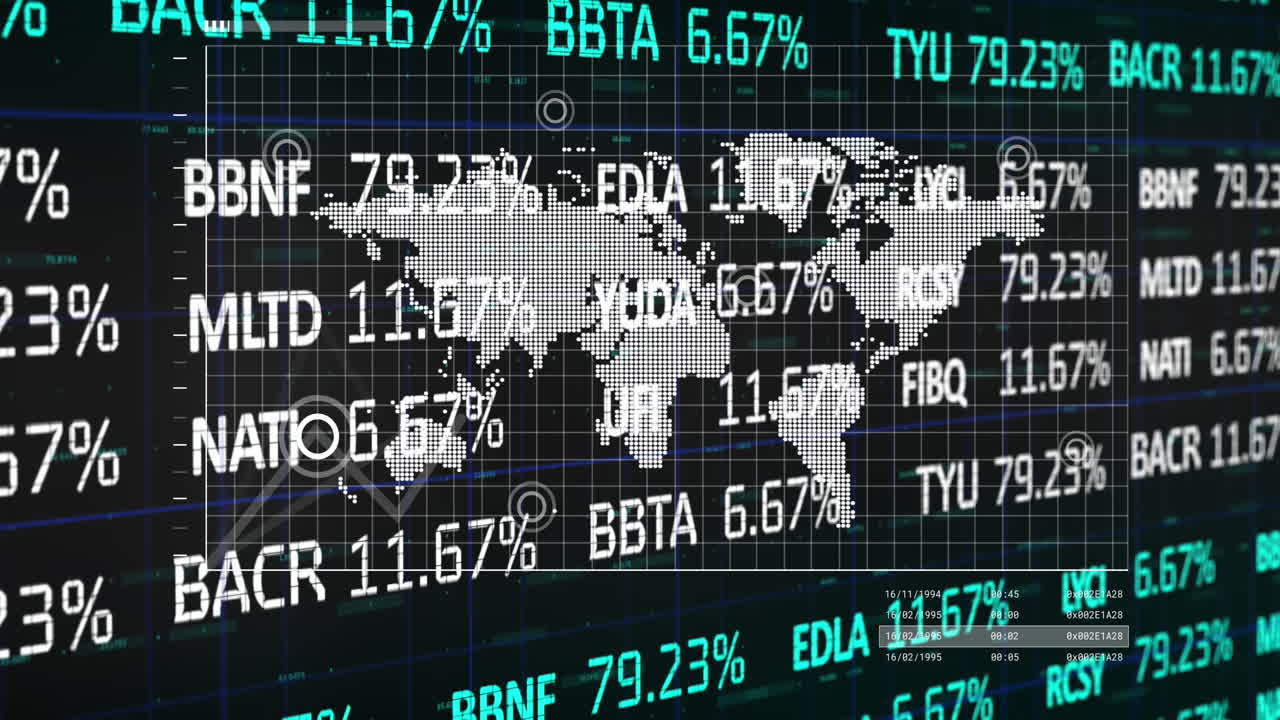 Animation of financial data processing over world map
