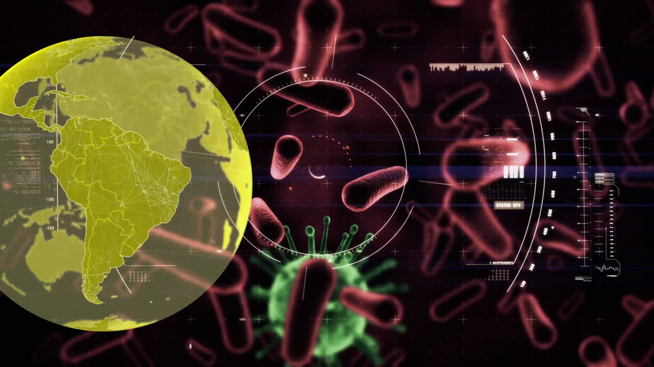 animación del virus de la corona verde con el globo mundial
