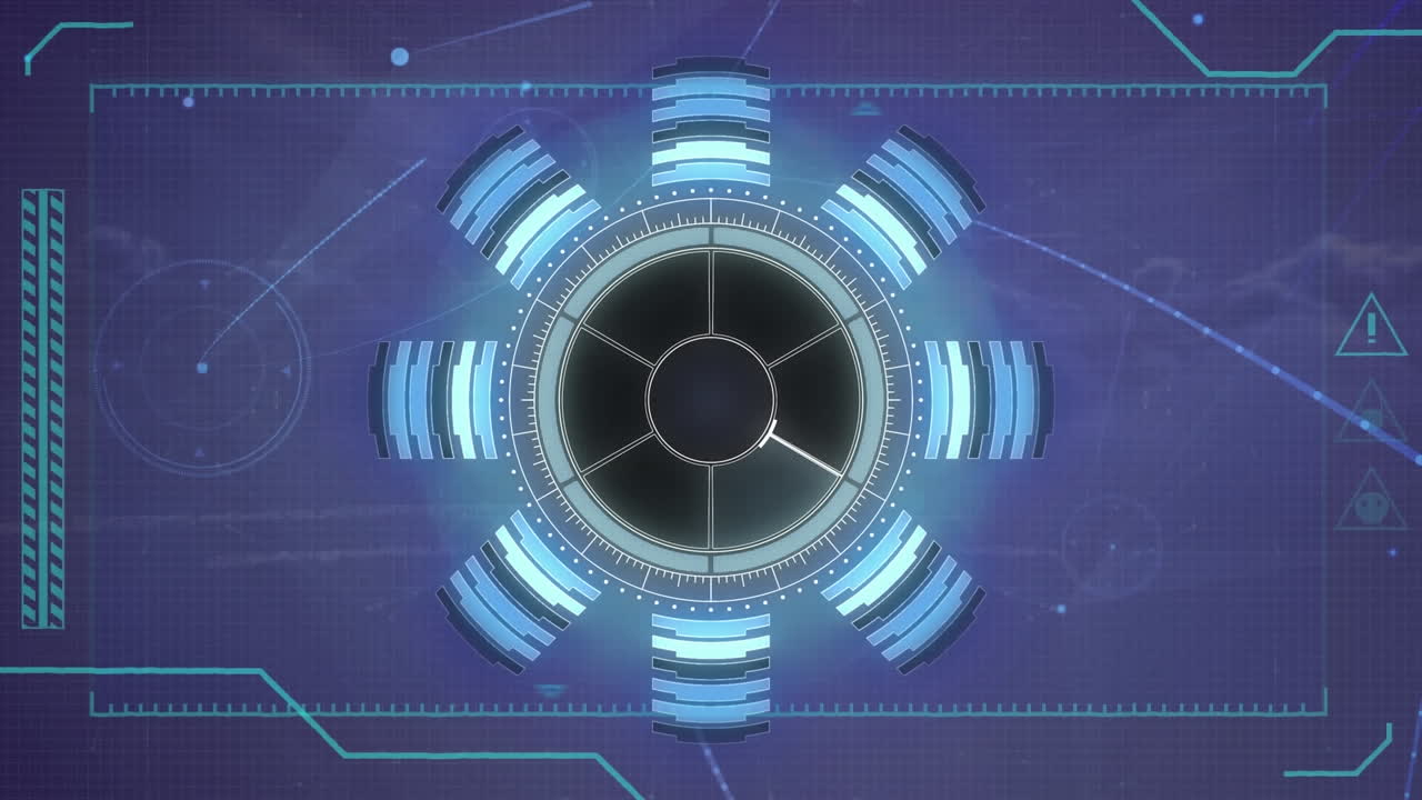 Animation of interface with round scanner and network of connections against clouds in the sky
