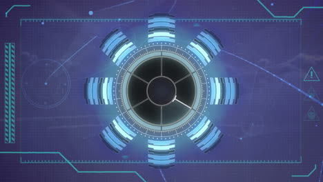 animation of interface with round scanner and network of connections against clouds in the sky