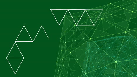 animación de puntos conectados iluminados que forman un globo y una estructura triangular sobre fondo verde