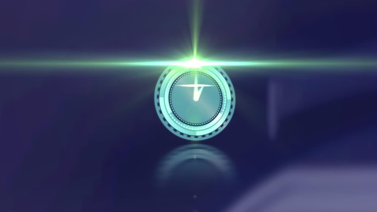 Animation of rotating safe lock with clock over light trail on blurred background