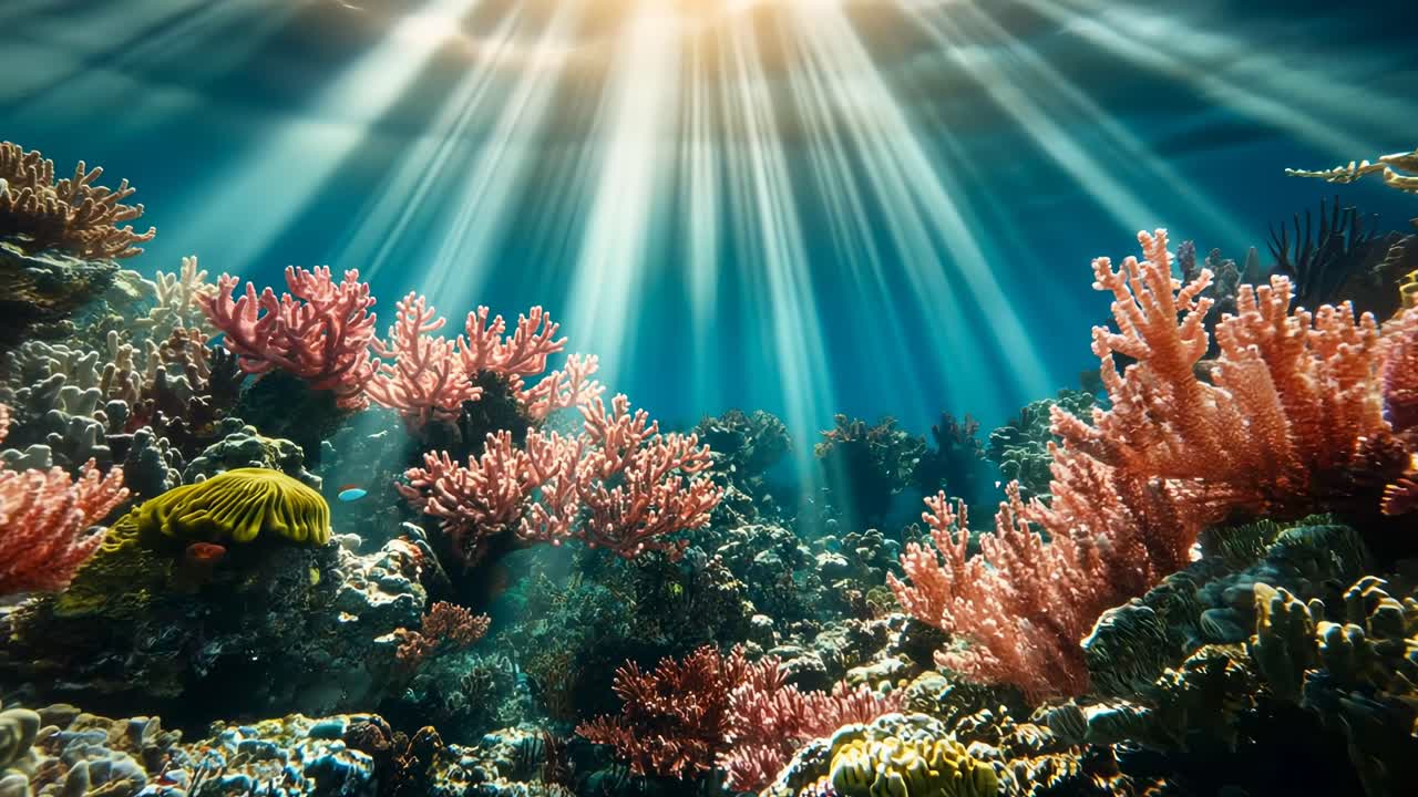 Underwater video scene with a wide-angle view of vibrant coral reefs, illuminated by sun rays