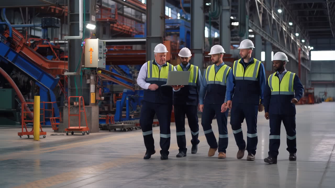 Industrial Team Walking and Discussing in a Factory
