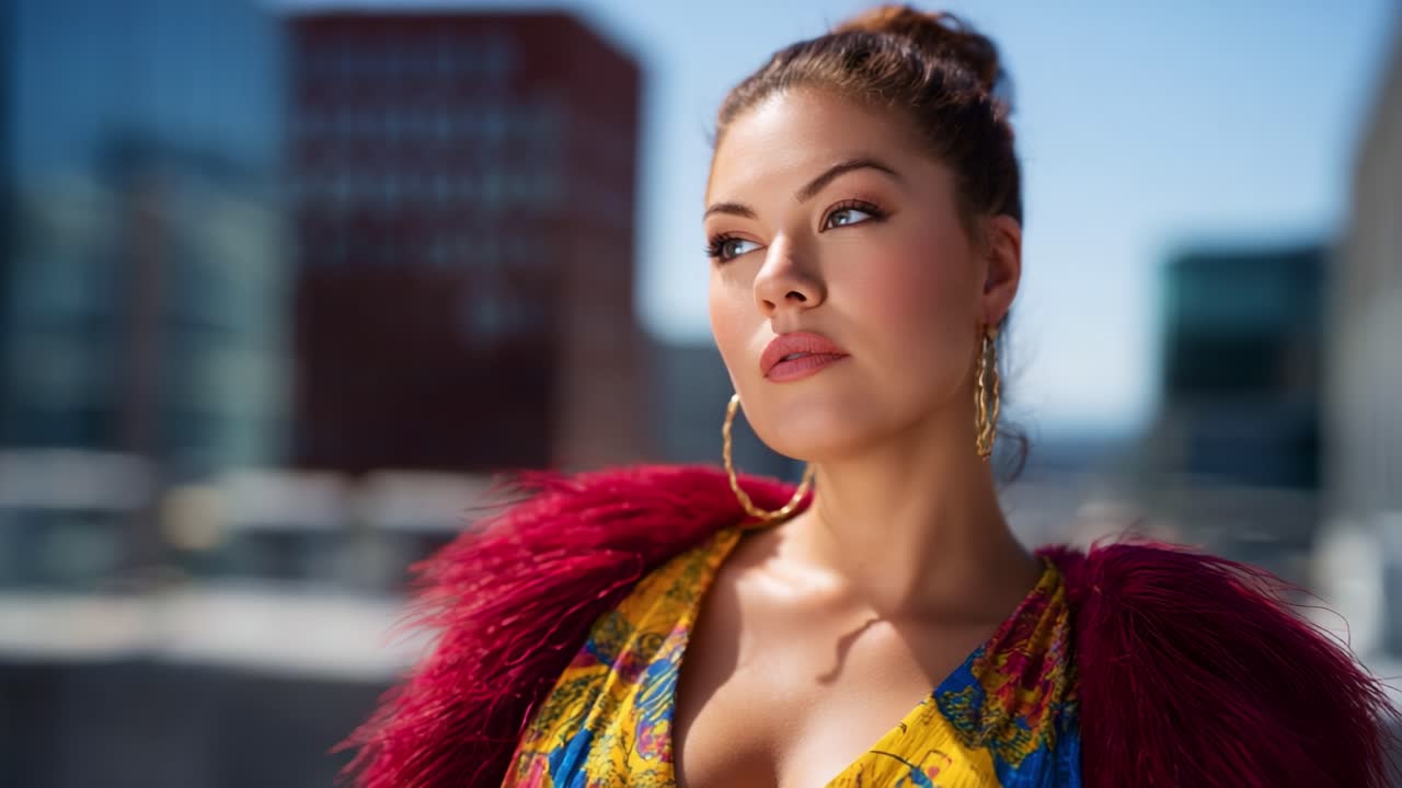Una donna sicura di sé che posa con un abbigliamento alla moda dai colori vivaci e accessori audaci, mostrando stile ed eleganza sullo sfondo di un ambiente urbano moderno