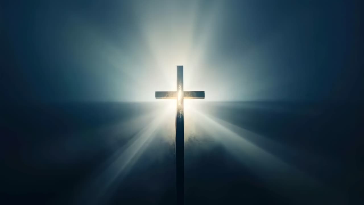 Silhouette of a cross with radiant light beams, captured from a low angle