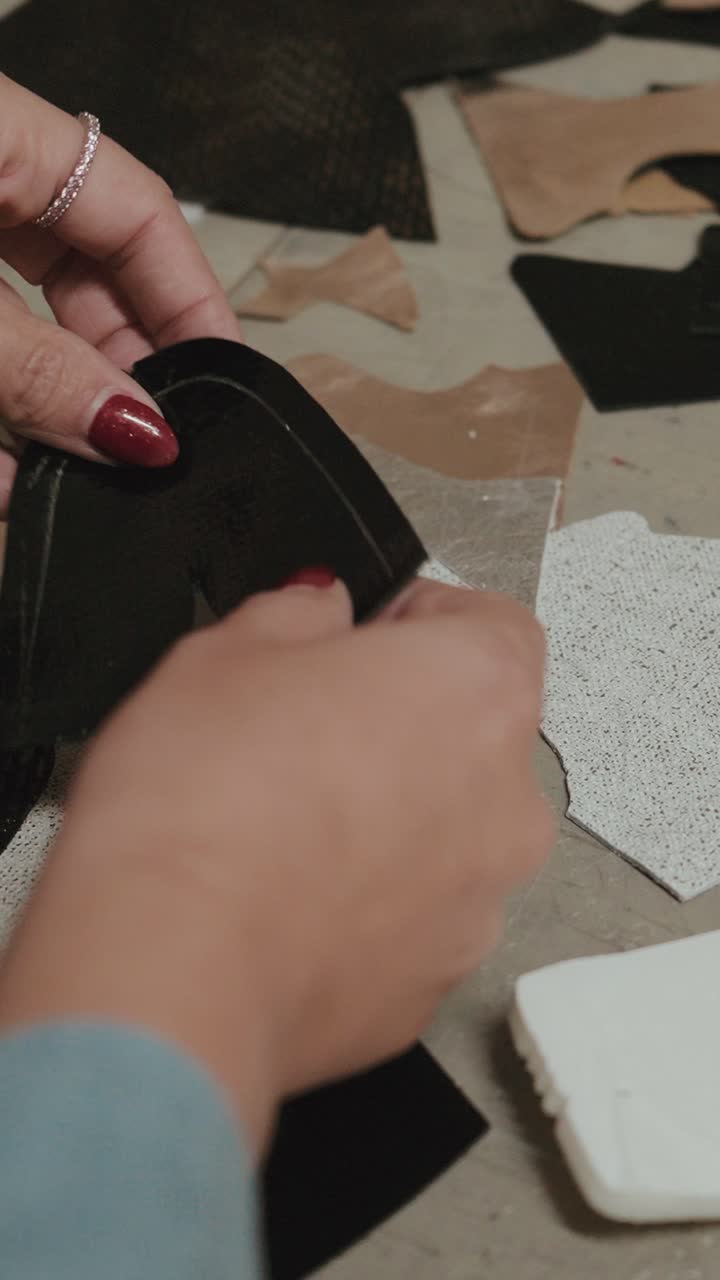 Vertical closeup of hands arranging cut leather and textile parts like a puzzle to form the upper section of a shoe during the production process