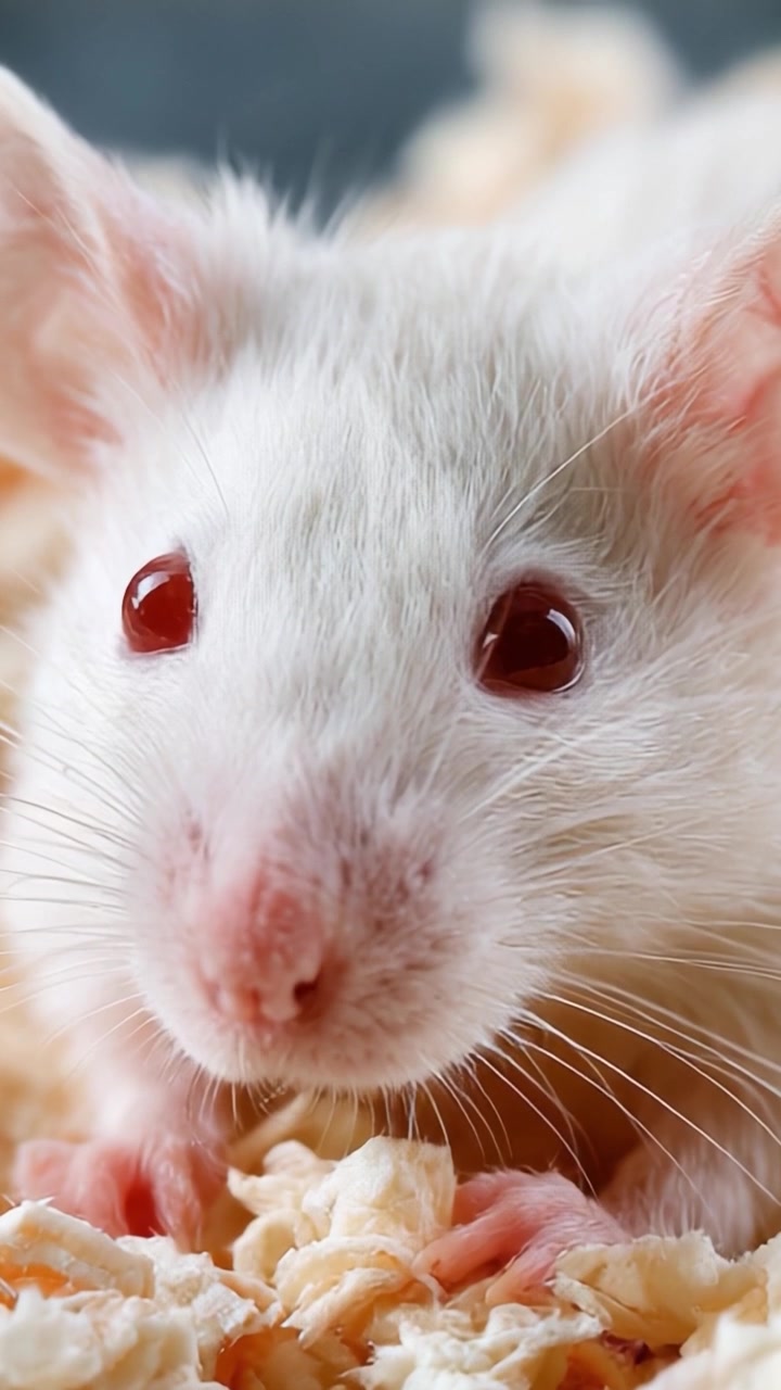 Prospettive ravvicinate di un topo bianco nel suo habitat naturale, che mostra le sue caratteristiche distintive e l'aspetto giocoso in un ambiente accogliente.