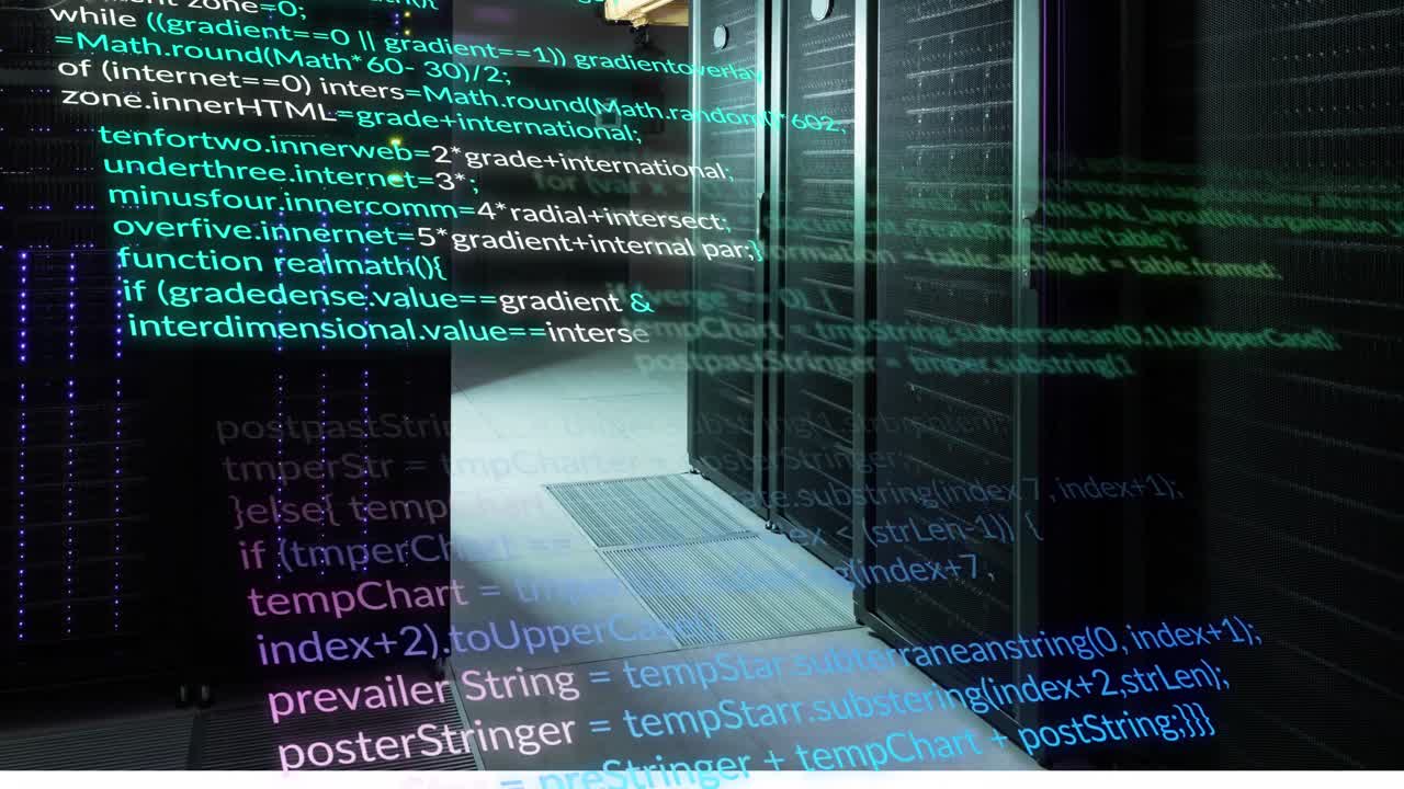 animação do processamento de dados contra a sala de servidores de computador