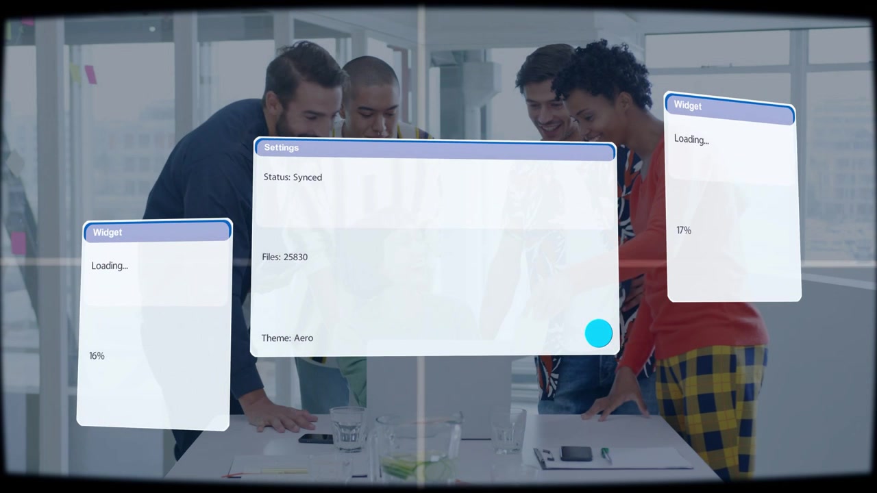 Project team tapping tablet, testing app in office, animated UI panels showing synced loading %