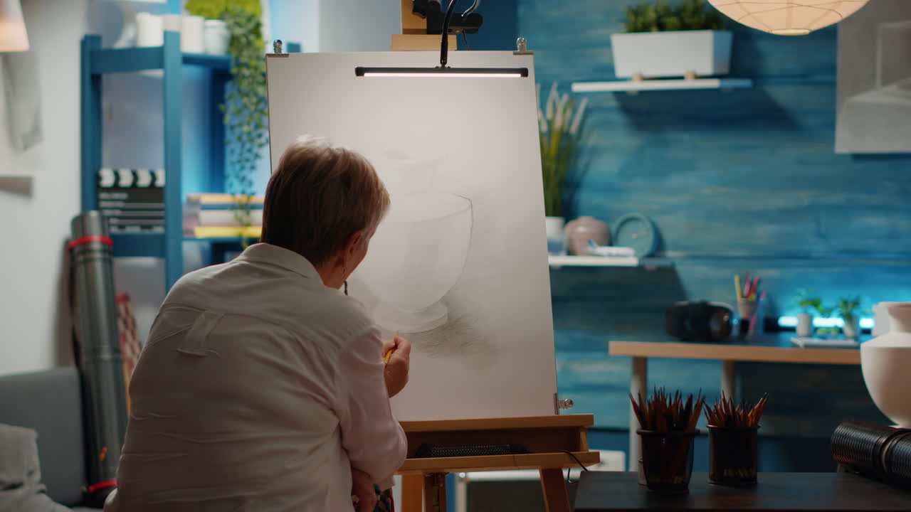 Senior adult drawing vase model inspiration with pencils