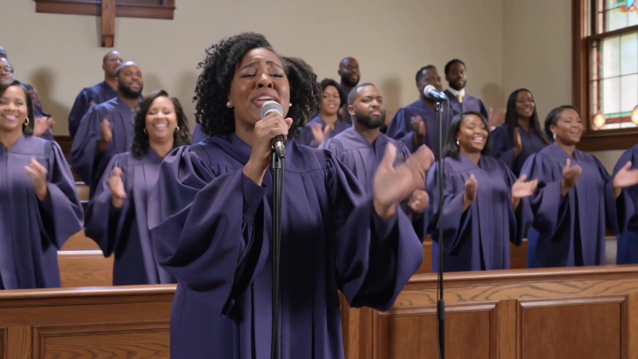 Cantante solista che inizia il culto in chiesa dopo il segnale del coro, in abiti viola con microfono, applaudendo.