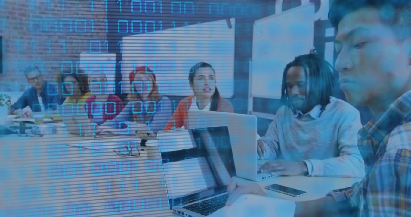 Animation of binary coding and data processing over business people working in office
