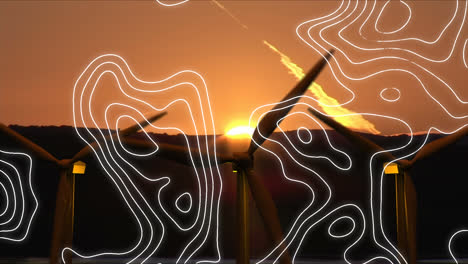 animation of white map lines over wind turbines and sunset