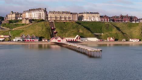 aerial view of saltburnpier and ocean in cleveland, north yorkshire in summer, early morning