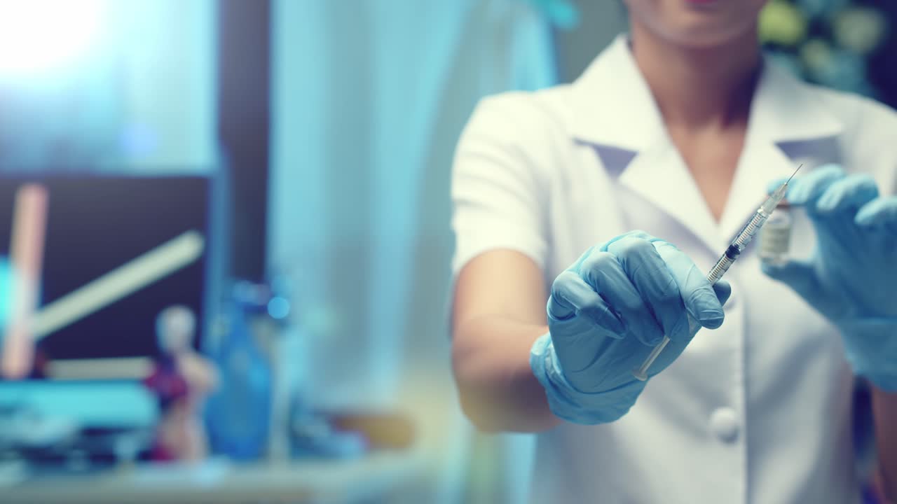 una enfermera muestra la jeringa que usará para inyectar una vacuna a un paciente