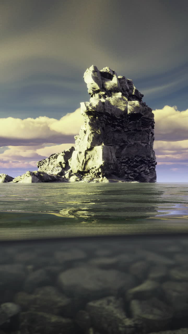 Lonely rock formation rising above calm water under dramatic cloudy sky