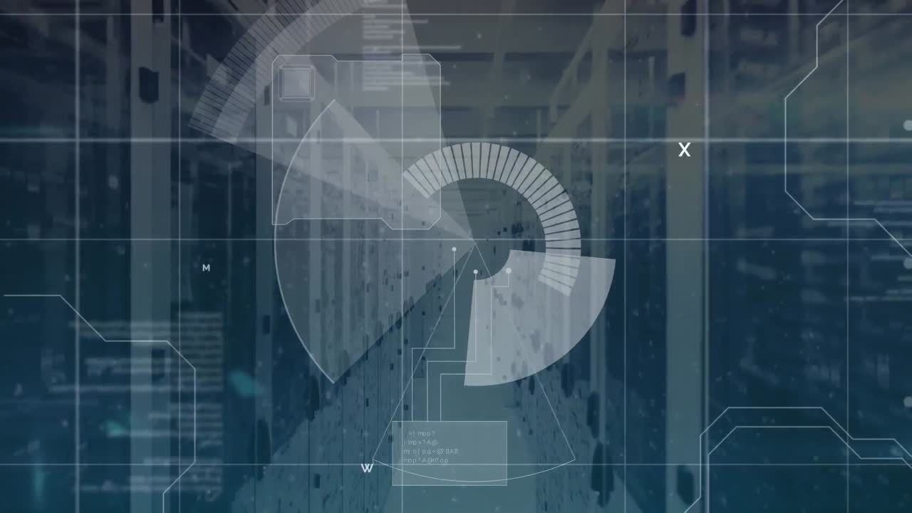 Animation of scope scanning and data processing over tech room with computer servers