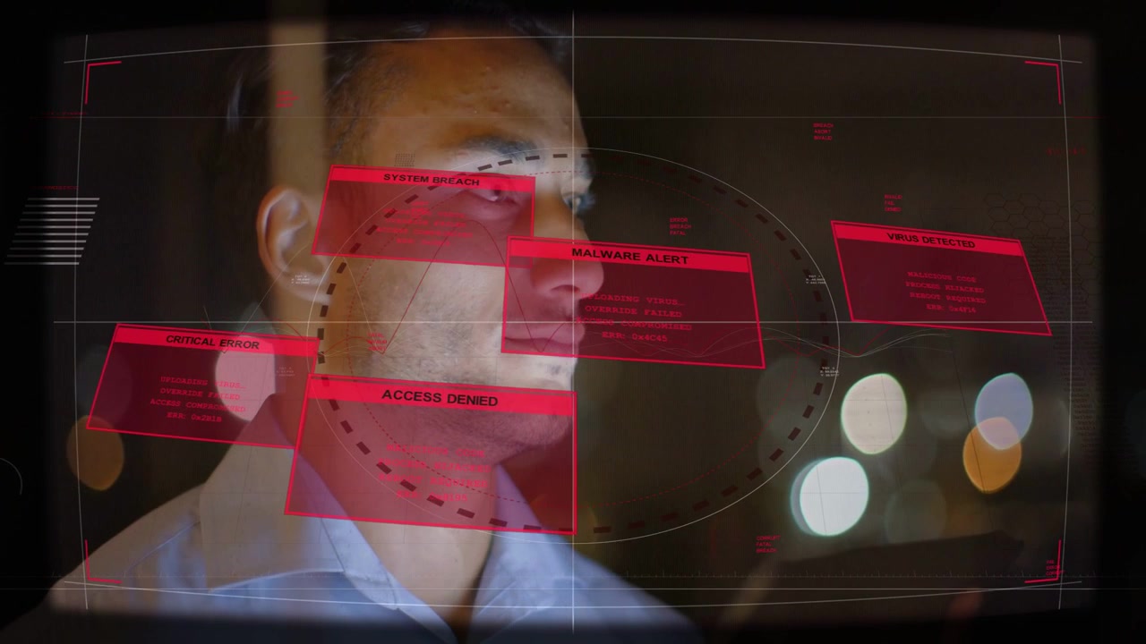 Man watching handheld device at night, red UI alerts orbiting head while monitoring cybersecurity