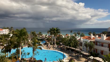 Fuerteventura-palm-tree-beach-in-a-luxury-resort-on-the-coastline-time-lapse
