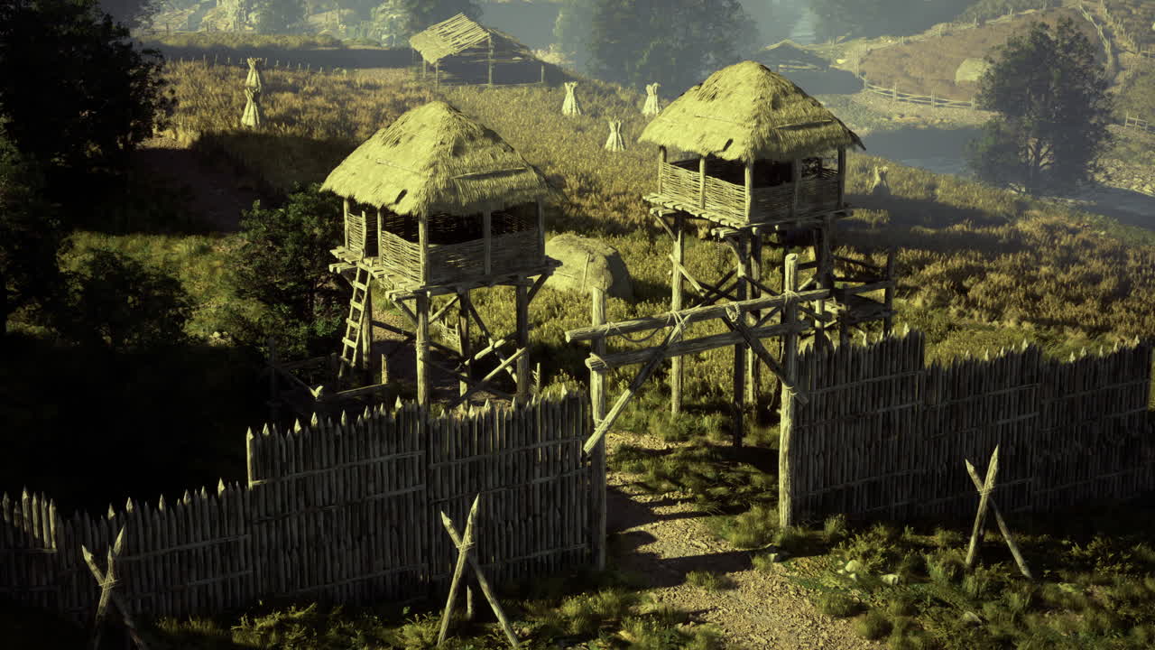 Historic wooden fort with towers and gate in a natural setting