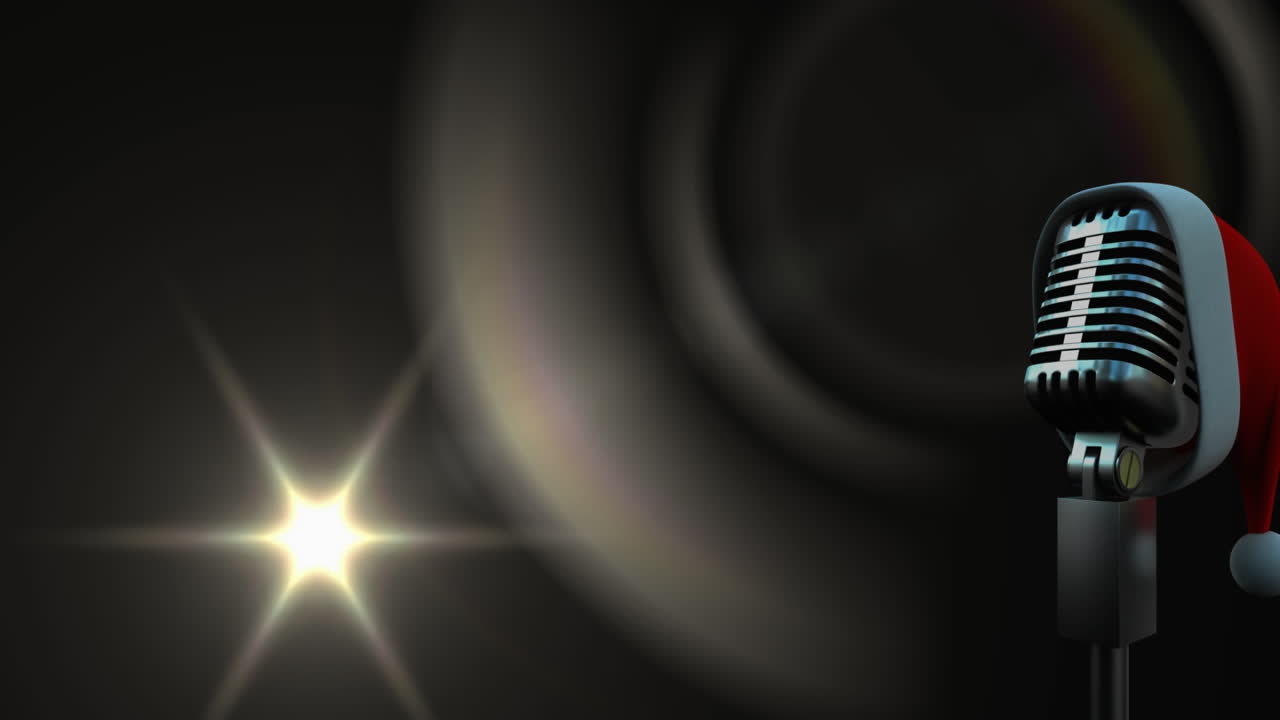 검은 바탕에 산타 모자에 빛과 빈티지 마이크의 애니메이션