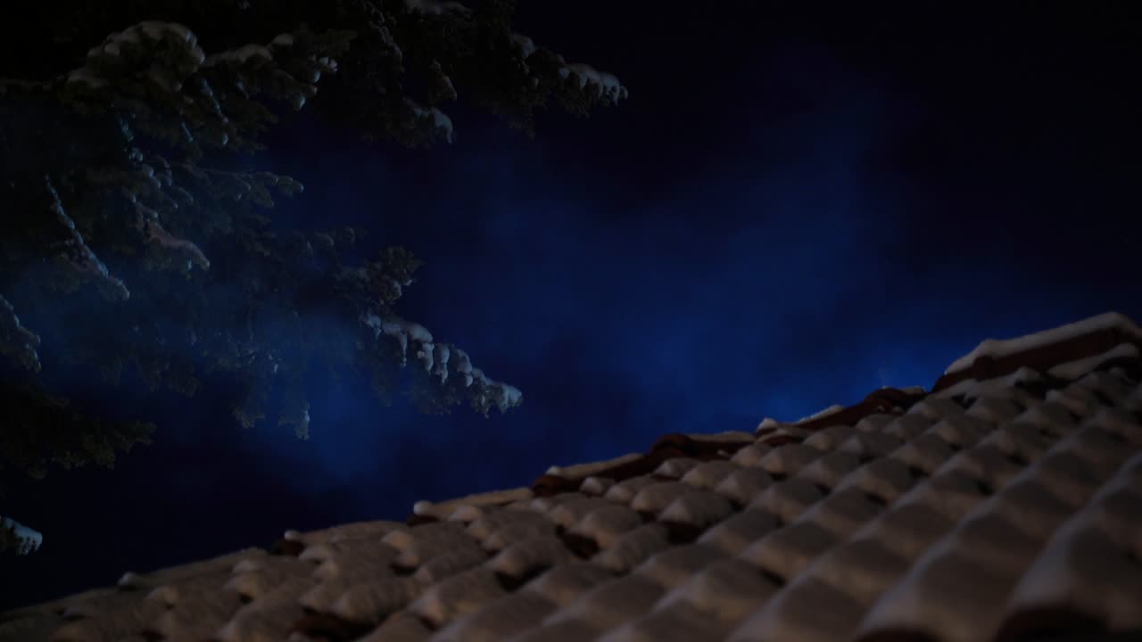 밤하늘 배경에서 굴뚝 연기와 함께 가문비나무 숲 근처의 눈으로 덮인 집 지붕