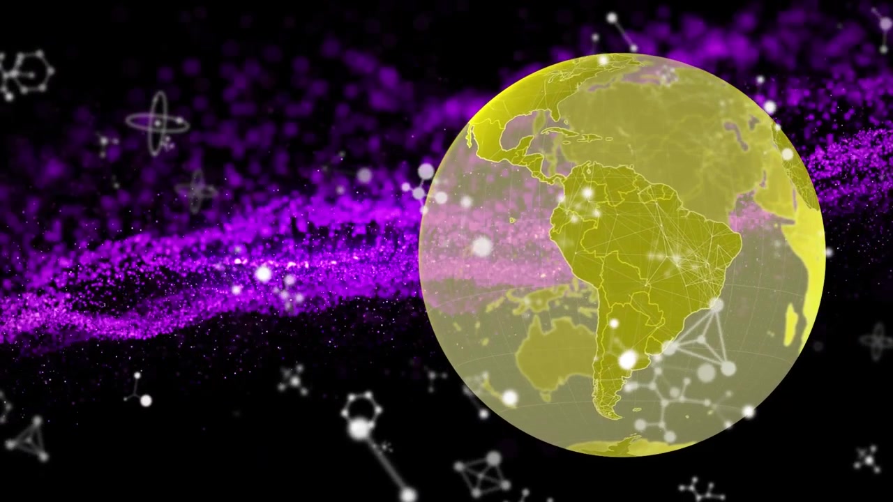 Animation d'un globe terrestre en rotation au-dessus de serveurs informatiques lumineux sur fond bleu
