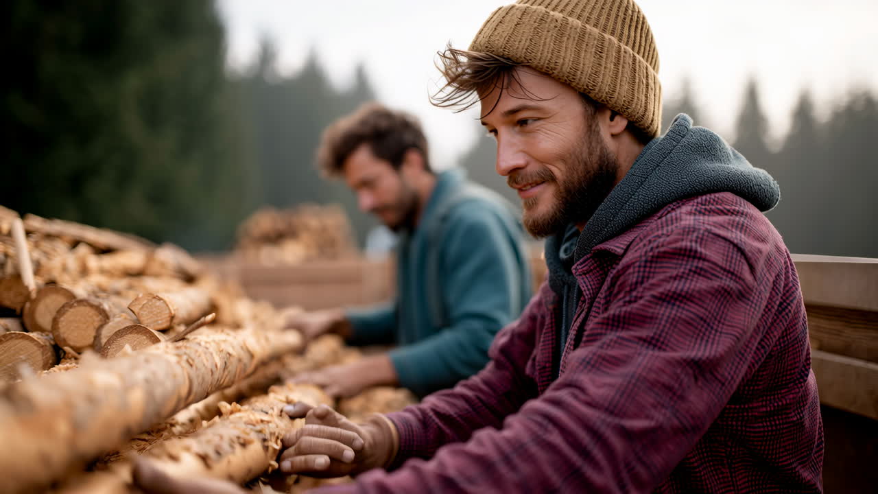 Logs prepped by woodworkers in woods. Two men work together to sort and prepare wooden logs in a serene forest landscape during the early morning