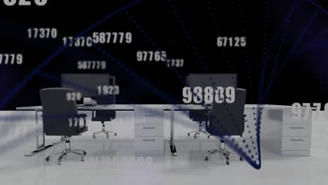 animación del procesamiento de datos financieros sobre escritorios en la oficina sobre fondo negro.