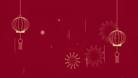 Animation-of-lanterns-and-fireworks-on-red-backrgound