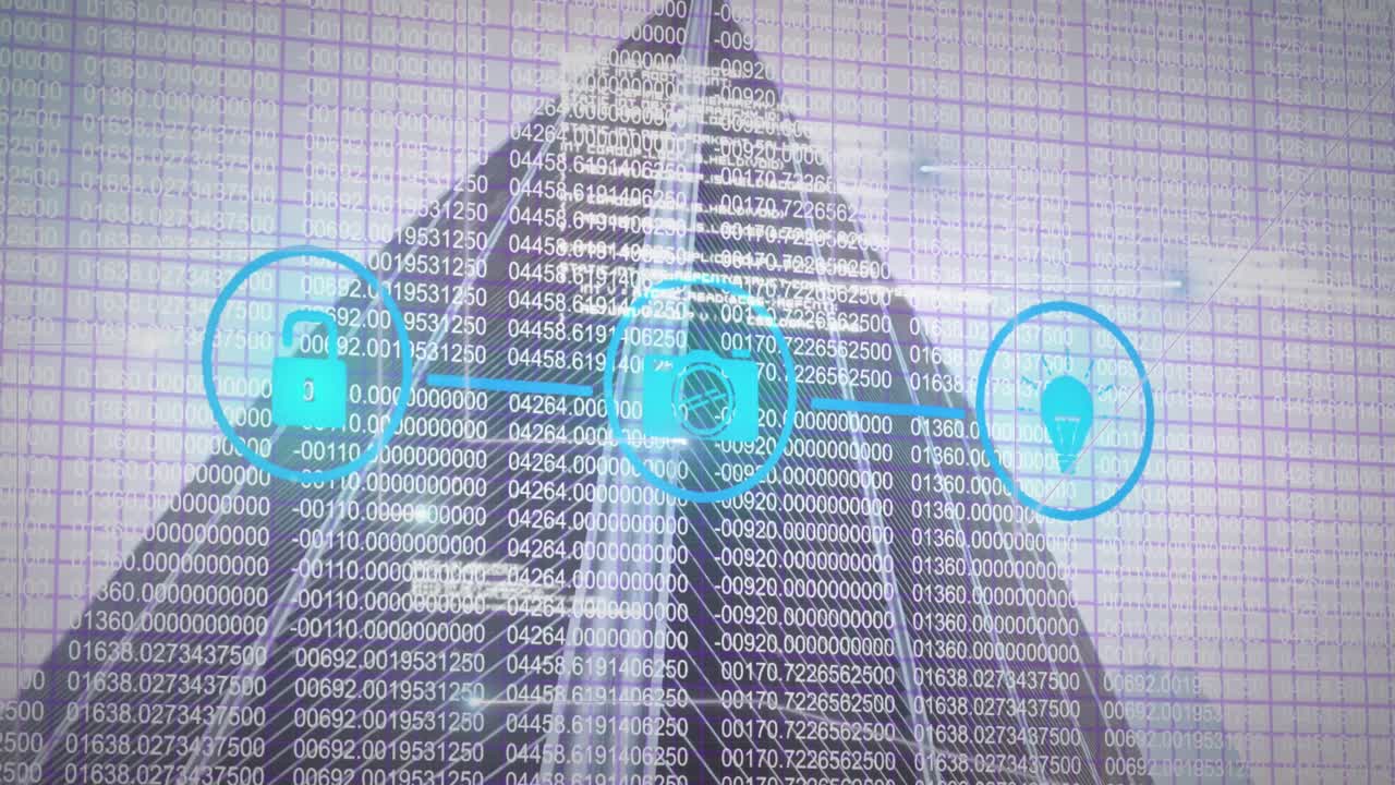 도시 풍경 위에 미디어 아이콘으로 데이터 처리의 애니메이션