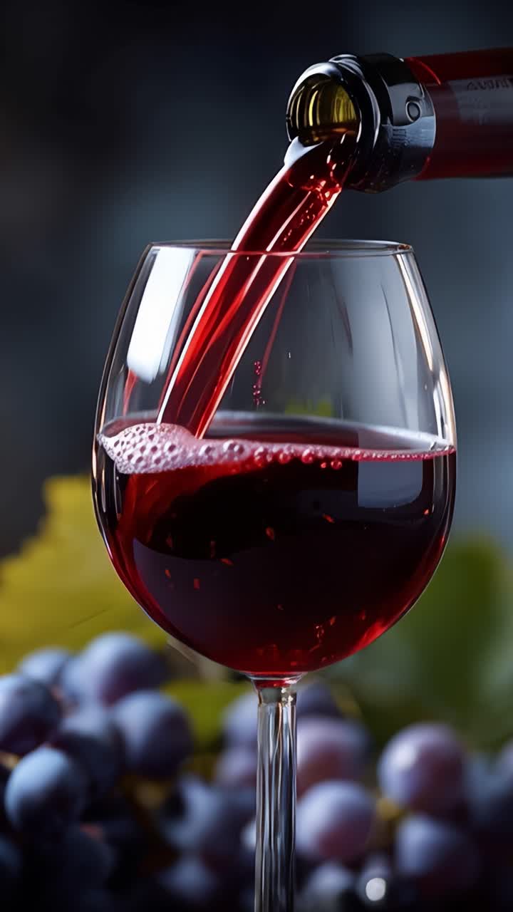 Versamento Accattivante: Un viaggio dettagliato di vino rosso che viene versato in un bicchiere, circondato da uva fresca e foglie verdi lussureggianti, che esalta l'attrattiva visiva.