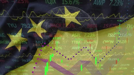 Animation-loop-of-digital-globe,-business-graph-moving-up-over-trading-board-and-national-flag