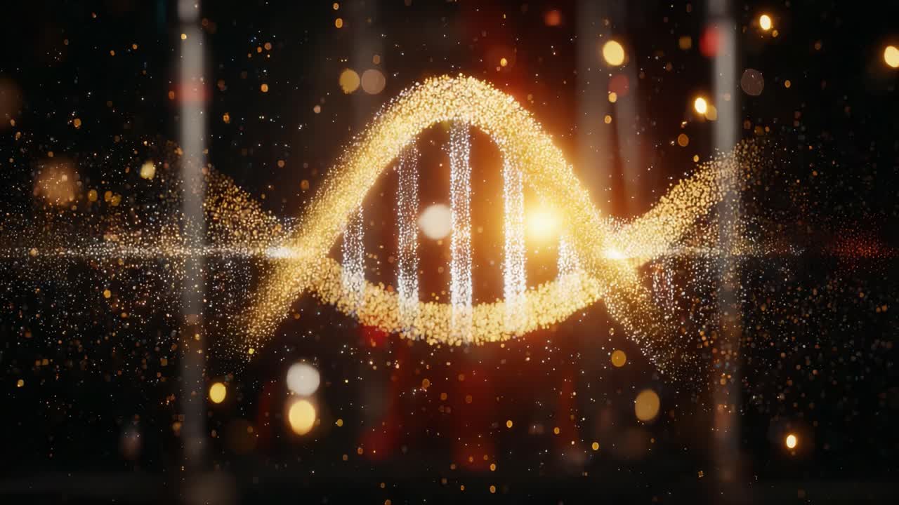 Golden glowing DNA helix rotating slowly against a dark background with sparkling particles and bokeh effects. Representing genetic research. Biotechnology. Medical science. And futuristic technology