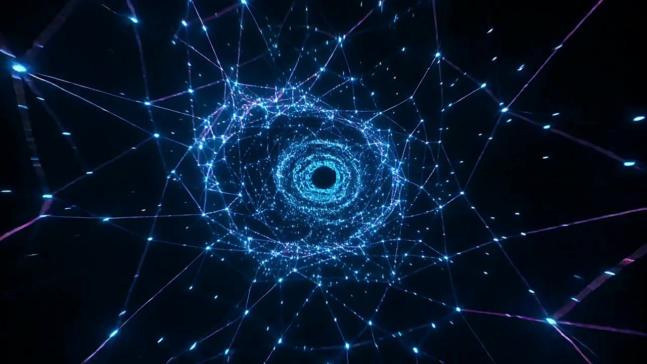 Partendo da un nucleo denso, una ragnatela di particelle forma un anello nel vuoto oscuro con punti blu e linee magenta.