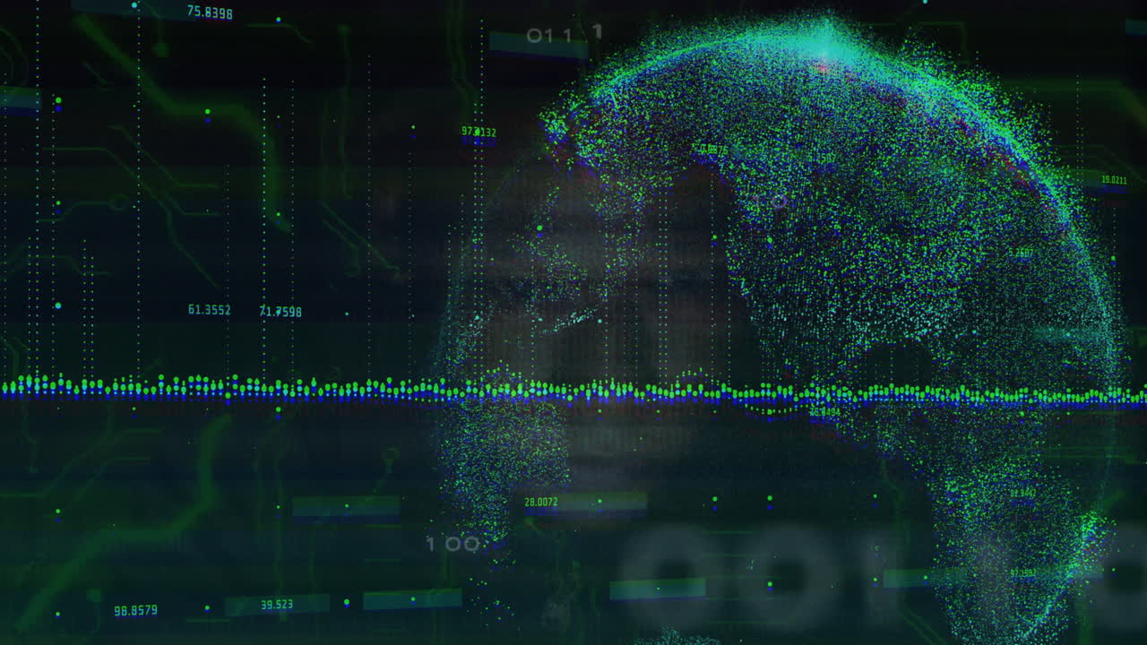 Animation showing digital globe with data points and graphs for global analytics