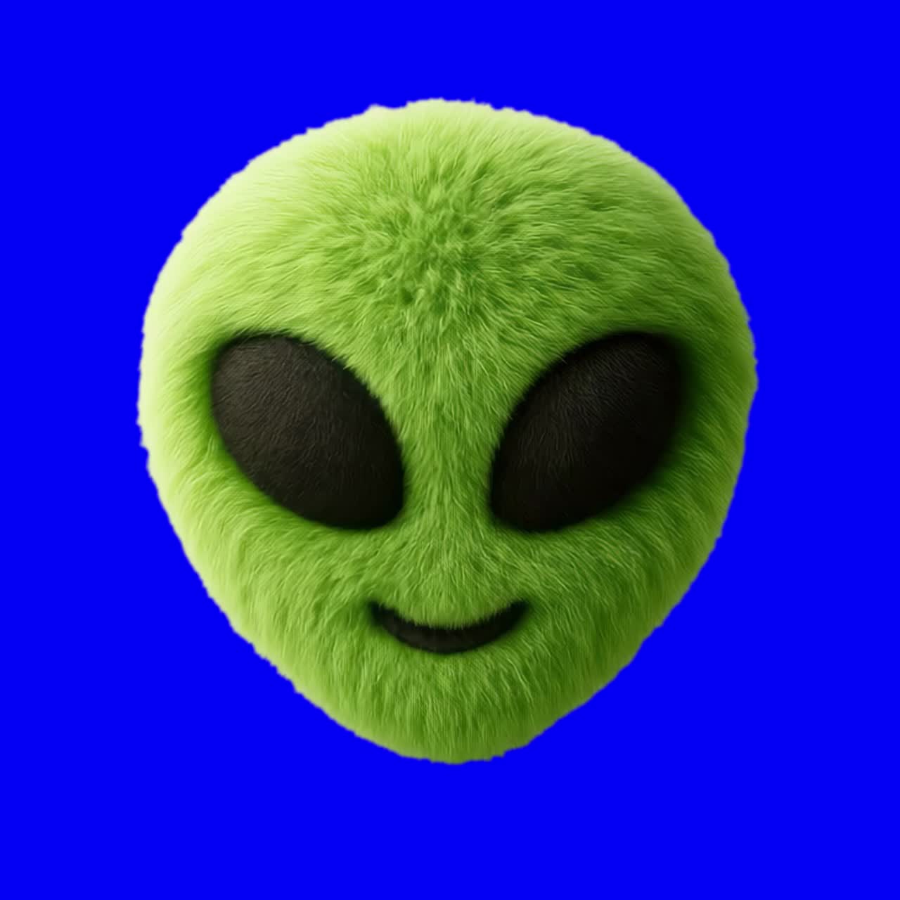 Furry green alien face animation, transparent 4K video, green screen