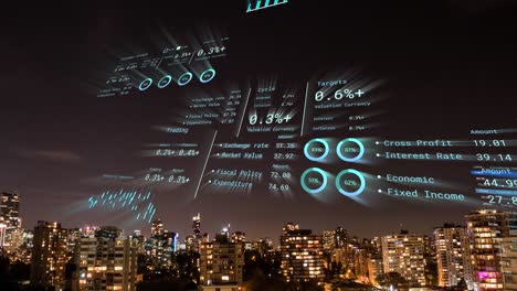 animation of financial data processing over cityscape