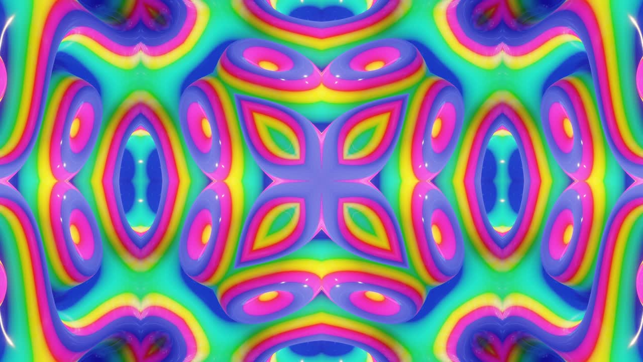 4k looped abstract background simmetrical 3d liquid pattern with bright rainbow gradient color transition. Liquid kaleidoscope with viscous liquid waves and glitter on surface. Wavy pattern