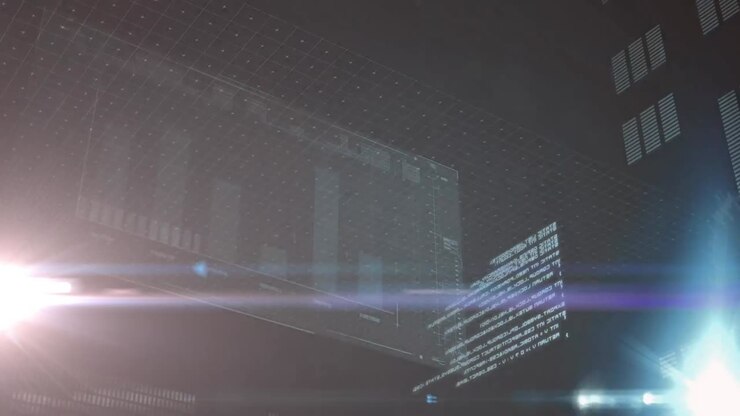 Animation of data processing over screen on black background
