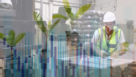 Plant-sampling-over-caucasian-male-worker-writing-on-notepad-looking-at-delivery-boxes-at-warehouse