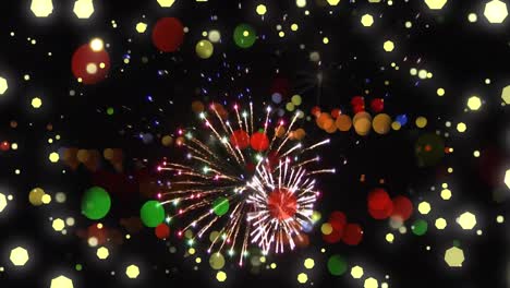 Animation-of-fireworks-and-christmas-fairy-lights-flickering-over-black-background