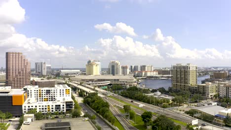 Aerial-view-of-downtown-Tampa,-Florida-roadway-and-buildings