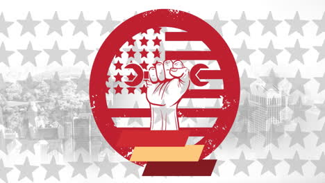 animation of hand with tool icon and american flag over cityscape