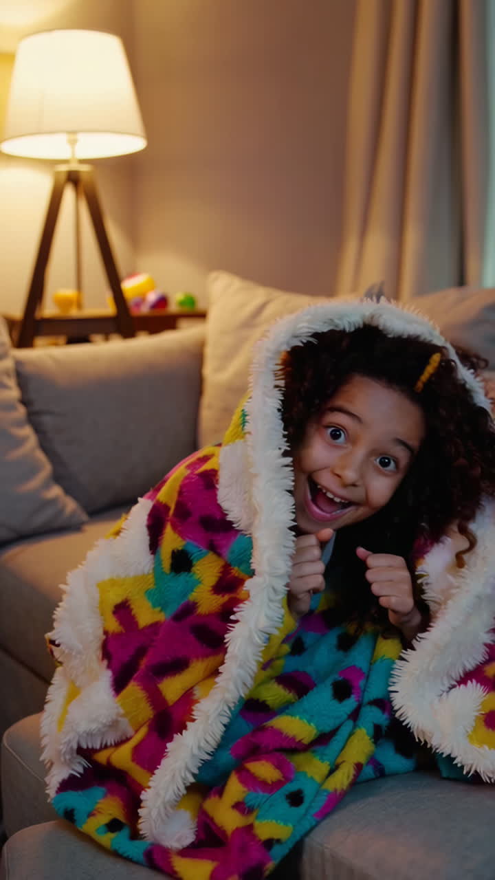 A child expressing a range of emotions while wrapped in a colorful blanket