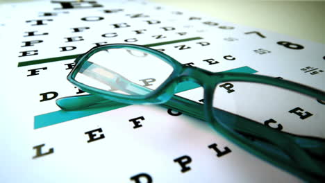 green reading glasses falling onto eye test