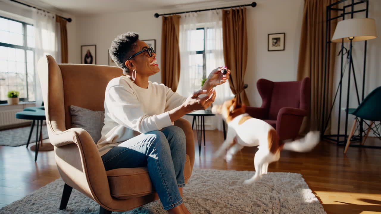 Woman playing with her dog in a cozy living room