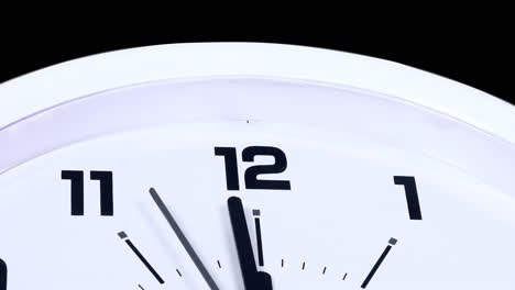 video footage of a wall clock at twelve with ticking arrow and dark background